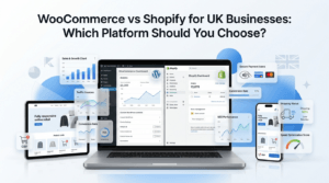 WooCommerce vs Shopify for UK Businesses comparison showing two modern eCommerce platforms