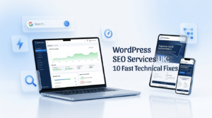 WordPress SEO services UK technical audit showing speed optimization score and search engine rankings dashboard